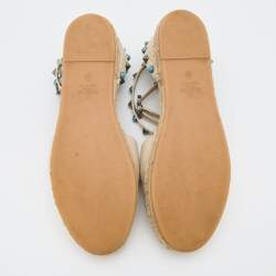 Pre Owned Valentino Off White Leather Rolling Rockstud Ankle Espadrille Flats Size 38