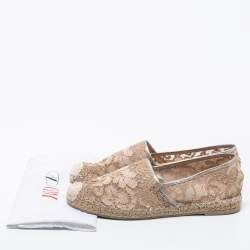 Pre Owned Valentino Beige Lace and Leather Espadrille Flats Size Size 39