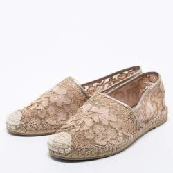 Pre Owned Valentino Beige Lace and Leather Espadrille Flats Size Size 39