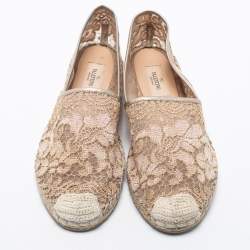 Pre Owned Valentino Beige Lace and Leather Espadrille Flats Size Size 39