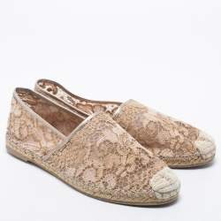 Pre Owned Valentino Beige Lace and Leather Espadrille Flats Size Size 39