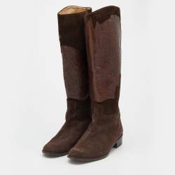 Pre Owned Valentino Brown Suede and Leather Knee Length Boots Size 38