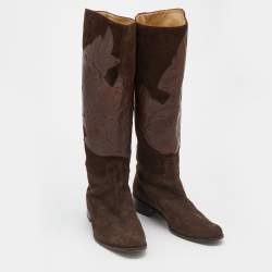 Pre Owned Valentino Brown Suede and Leather Knee Length Boots Size 38
