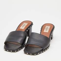 Pre Owned Valentino Black Leather Rockstud Slide Sandals Size 36