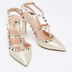 Pre Owned Valentino Gold Leather Rockstud Pumps Size 39