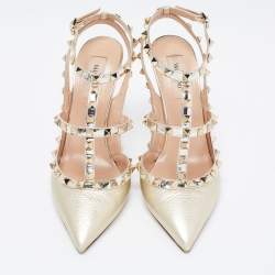 Pre Owned Valentino Gold Leather Rockstud Pumps Size 39