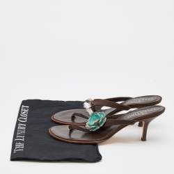 Pre Owned Valentino Dark Brown Satin Embellished Thong Sandals Size 38.5