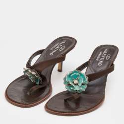 Pre Owned Valentino Dark Brown Satin Embellished Thong Sandals Size 38.5