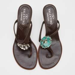 Pre Owned Valentino Dark Brown Satin Embellished Thong Sandals Size 38.5