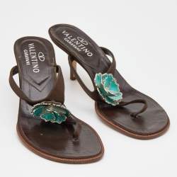 Pre Owned Valentino Dark Brown Satin Embellished Thong Sandals Size 38.5