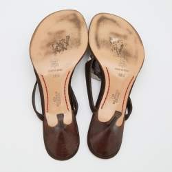 Pre Owned Valentino Dark Brown Satin Embellished Thong Sandals Size 38.5