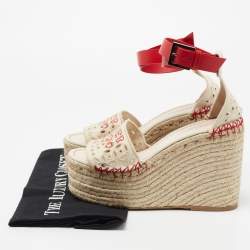 Pre Owned Valentino White/Red Canvas and Leather Eyelet Wedge Espadrille Sandals Size 36