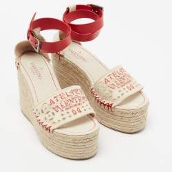 Pre Owned Valentino White/Red Canvas and Leather Eyelet Wedge Espadrille Sandals Size 36