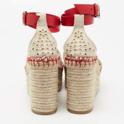Pre Owned Valentino White/Red Canvas and Leather Eyelet Wedge Espadrille Sandals Size 36