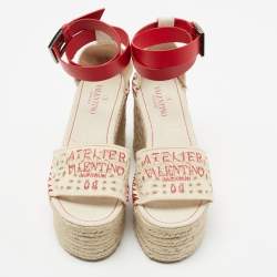 Pre Owned Valentino White/Red Canvas and Leather Eyelet Wedge Espadrille Sandals Size 36