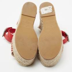 Pre Owned Valentino White/Red Canvas and Leather Eyelet Wedge Espadrille Sandals Size 36