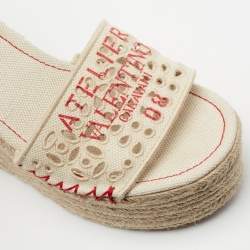 Pre Owned Valentino White/Red Canvas and Leather Eyelet Wedge Espadrille Sandals Size 36