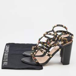 Pre Owned Valentino Black Leather Rolling Rockstud Sandals Size 38
