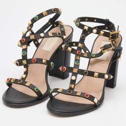 Pre Owned Valentino Black Leather Rolling Rockstud Sandals Size 38