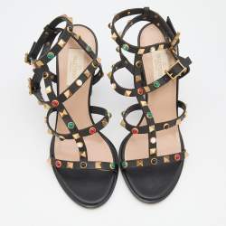 Pre Owned Valentino Black Leather Rolling Rockstud Sandals Size 38