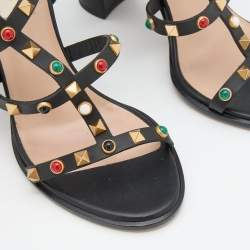Pre Owned Valentino Black Leather Rolling Rockstud Sandals Size 38