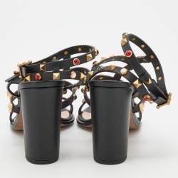 Pre Owned Valentino Black Leather Rolling Rockstud Sandals Size 38