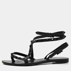 Pre Owned Valentino Black Leather Rockstud Ankle Wrap Sandals Size 37