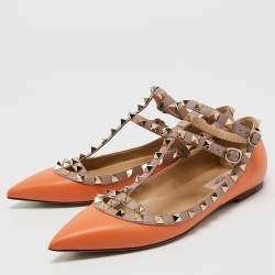Pre Owned Valentino Orange/Beige  Leather Rockstud  Ankle Strap Ballet Flats Size 38