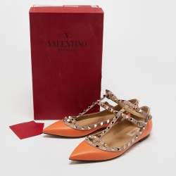 Pre Owned Valentino Orange/Beige  Leather Rockstud  Ankle Strap Ballet Flats Size 38