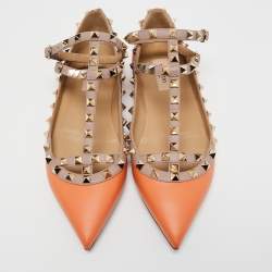 Pre Owned Valentino Orange/Beige  Leather Rockstud  Ankle Strap Ballet Flats Size 38