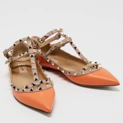 Pre Owned Valentino Orange/Beige  Leather Rockstud  Ankle Strap Ballet Flats Size 38