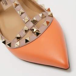 Pre Owned Valentino Orange/Beige  Leather Rockstud  Ankle Strap Ballet Flats Size 38