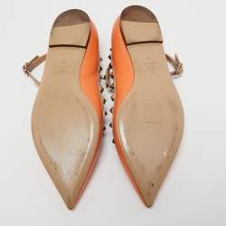 Pre Owned Valentino Orange/Beige  Leather Rockstud  Ankle Strap Ballet Flats Size 38