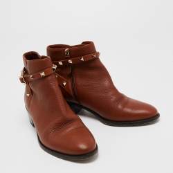 Pre Owned Valentino Brown Leather Rockstud Ankle Length Boots Size 39