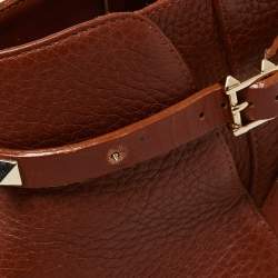 Pre Owned Valentino Brown Leather Rockstud Ankle Length Boots Size 39