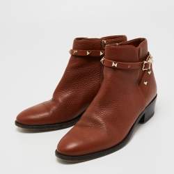Pre Owned Valentino Brown Leather Rockstud Ankle Length Boots Size 39