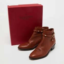Pre Owned Valentino Brown Leather Rockstud Ankle Length Boots Size 39