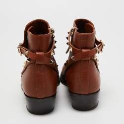 Pre Owned Valentino Brown Leather Rockstud Ankle Length Boots Size 39