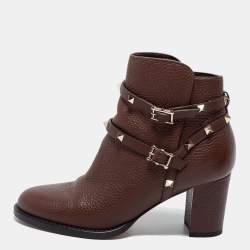 Pre Owned Valentino Brown Leather Rockstud Ankle Boots Size 38