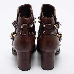 Pre Owned Valentino Brown Leather Rockstud Ankle Boots Size 38