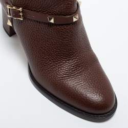 Pre Owned Valentino Brown Leather Rockstud Ankle Boots Size 38