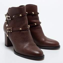 Pre Owned Valentino Brown Leather Rockstud Ankle Boots Size 38