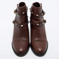 Pre Owned Valentino Brown Leather Rockstud Ankle Boots Size 38