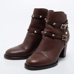 Pre Owned Valentino Brown Leather Rockstud Ankle Boots Size 38