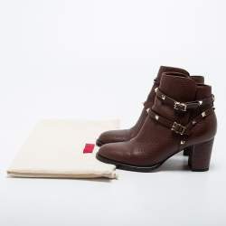 Pre Owned Valentino Brown Leather Rockstud Ankle Boots Size 38