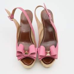 Pre Owned Valentino Pink Leather Studded Bow Espadrille Platform Wedge Slingback Sandals Size 40