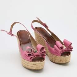 Pre Owned Valentino Pink Leather Studded Bow Espadrille Platform Wedge Slingback Sandals Size 40