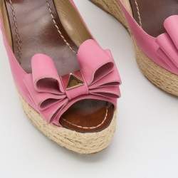 Pre Owned Valentino Pink Leather Studded Bow Espadrille Platform Wedge Slingback Sandals Size 40