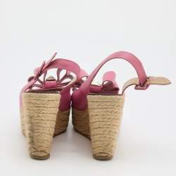 Pre Owned Valentino Pink Leather Studded Bow Espadrille Platform Wedge Slingback Sandals Size 40