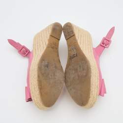 Pre Owned Valentino Pink Leather Studded Bow Espadrille Platform Wedge Slingback Sandals Size 40